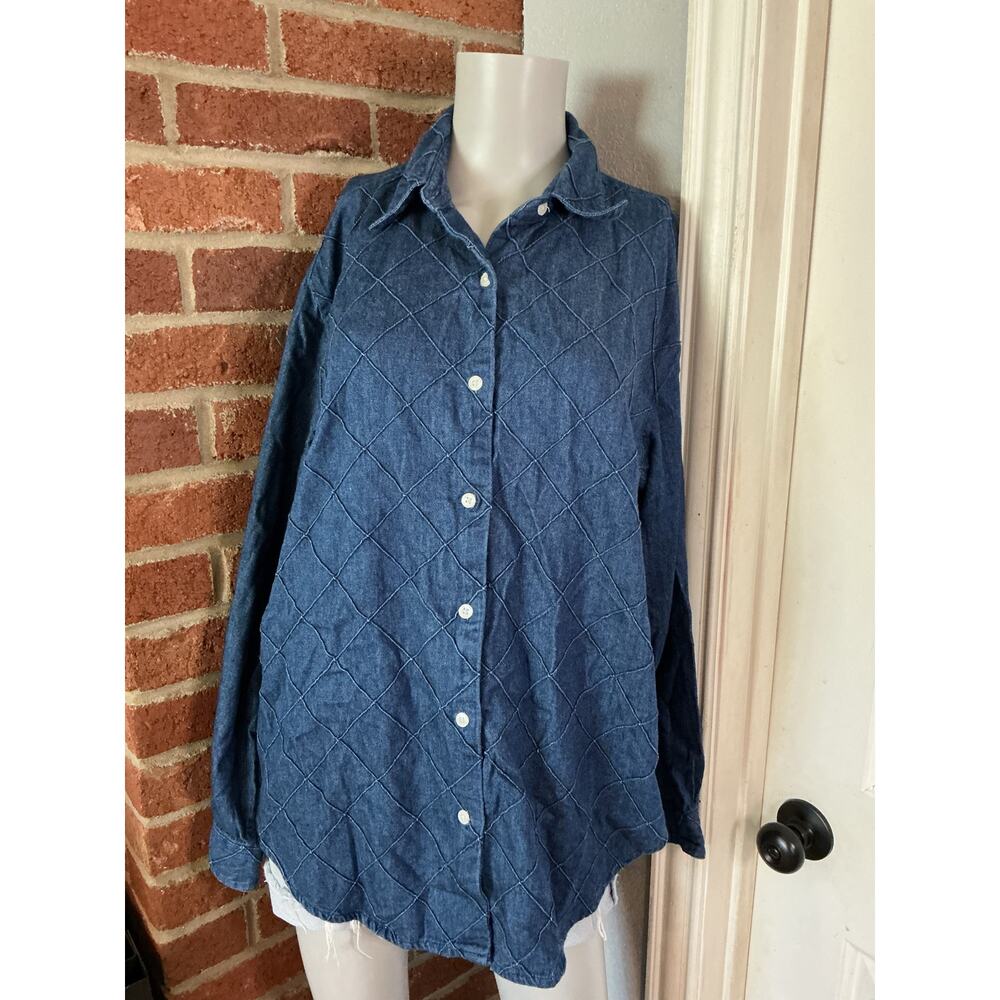 Cabin Creek Quilted Denim Button Down Shirt Large Chambray Overshirt